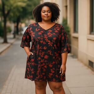 IrisSilks Black Red Silk Dragon Floral Tunic Dress Kimono V-Neck XXL 100% Silk‎